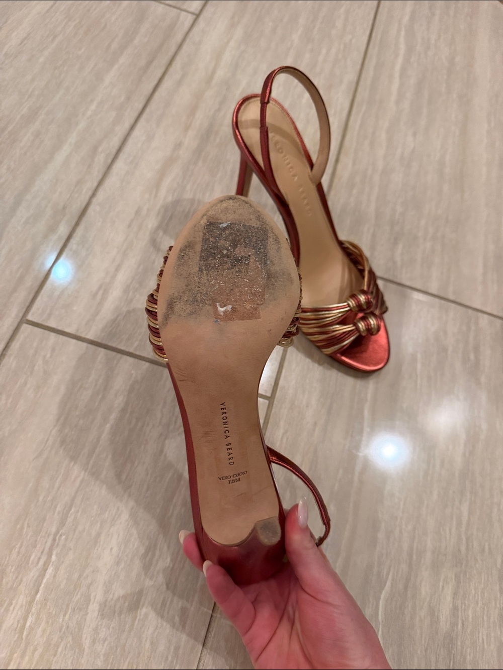 Veronica Beard Metallic Red & Gold Knotted Strap Heels - Picture 2 of 13